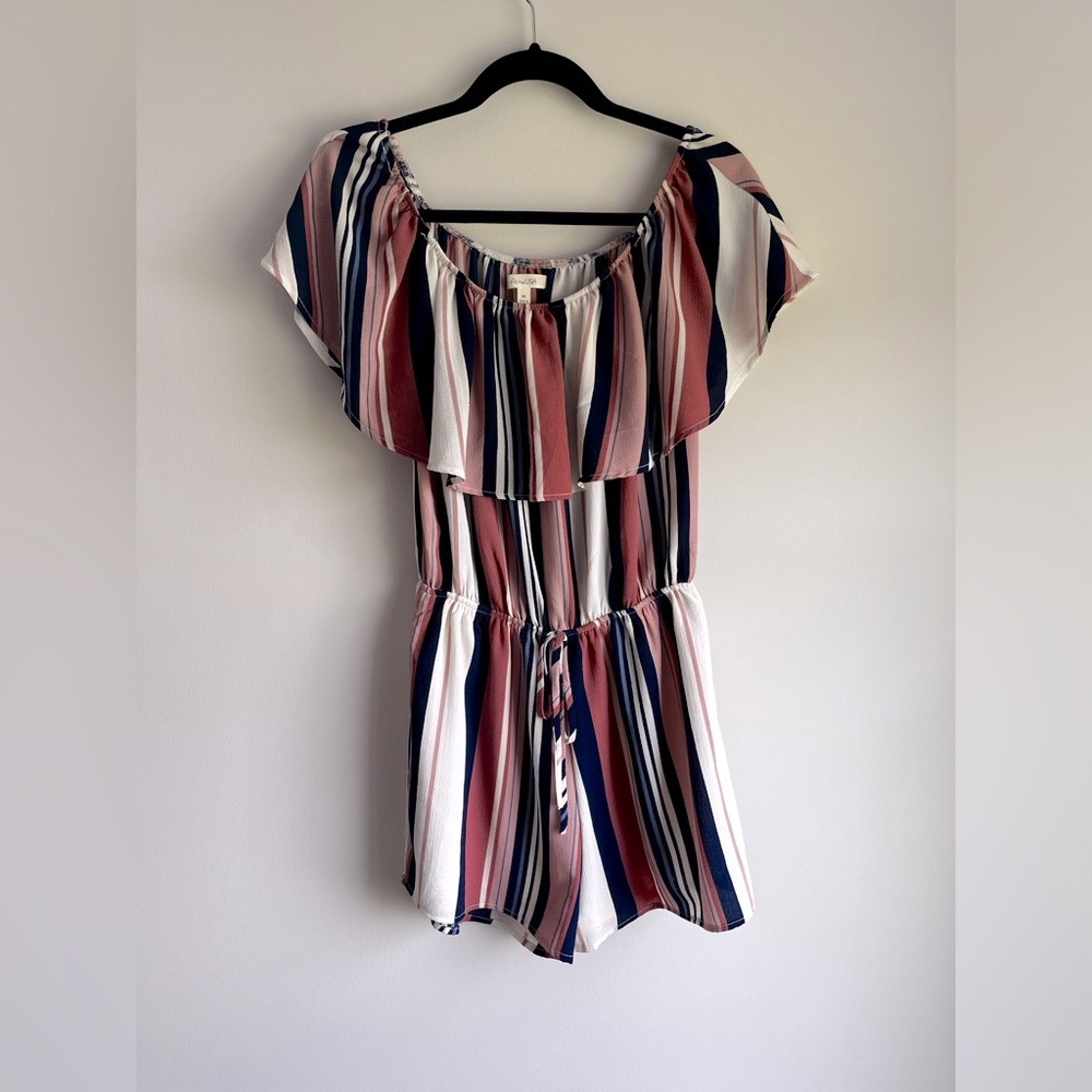 Pink and blue striped, off the shoulder romper. Size Medium